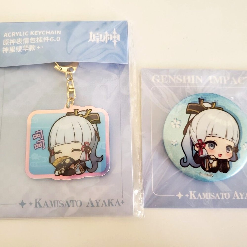 Genshin Impact Official Ayaka Acrylic Keychain Badge Button 2 Piece Lot Set